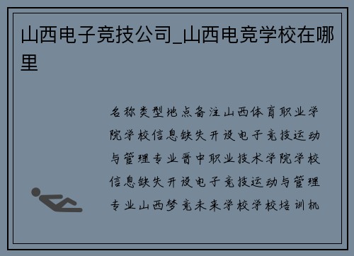 山西电子竞技公司_山西电竞学校在哪里